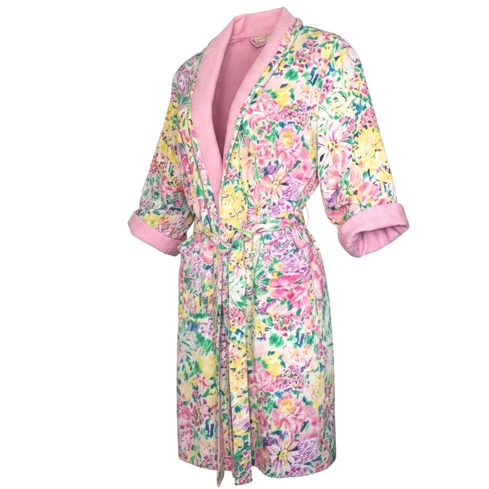 VTG Victorias Secret Gold Label Floral Terry Lined Robe Pink Yellow Green OSFA - Picture 3 of 10